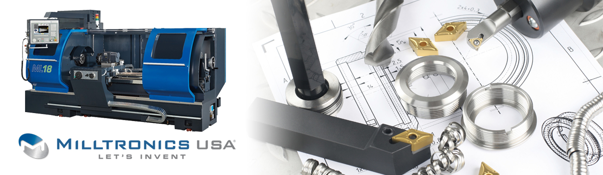 Image of Milltronics lathe and a blueprint.